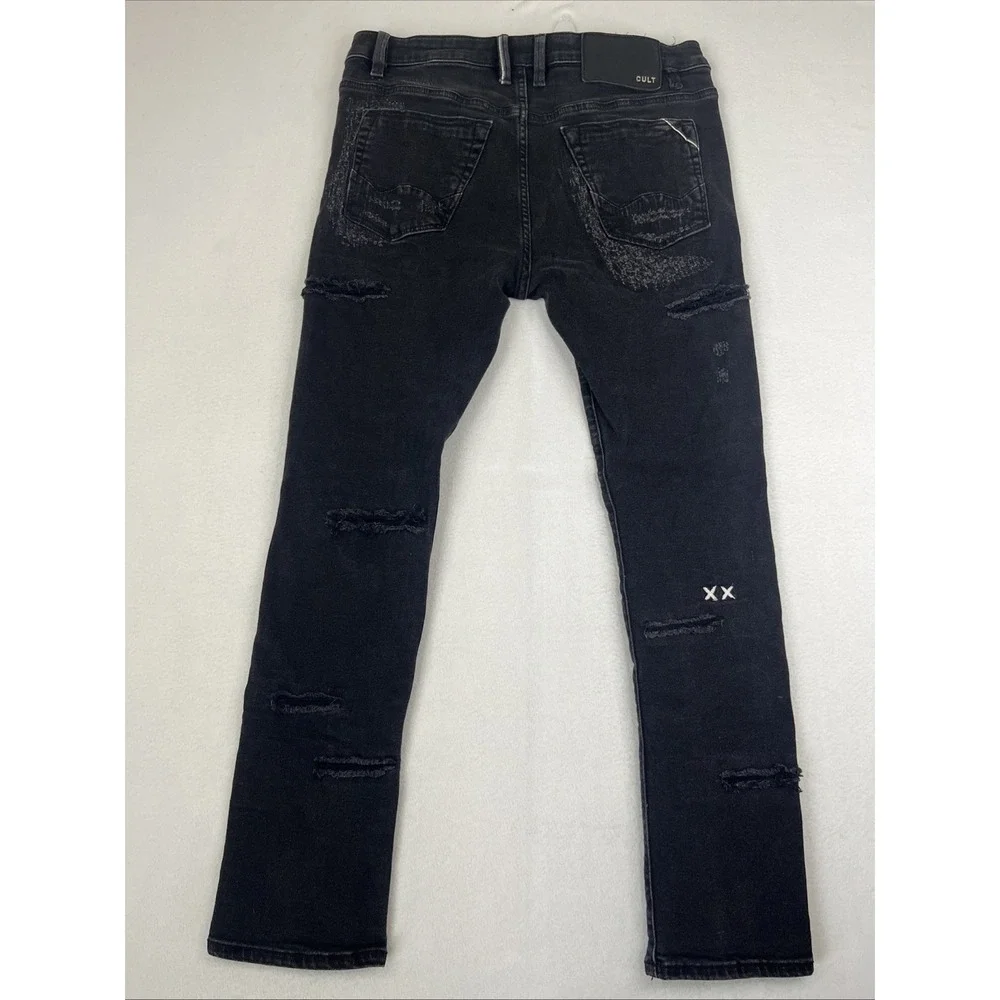 Cult of Individuality Mens 35x30 Black Punk Super Skinny Distressed Jeans